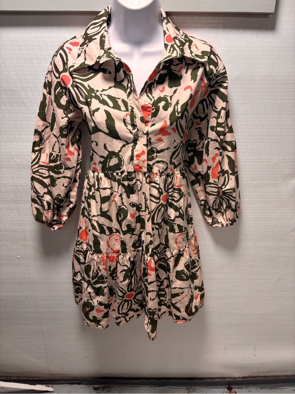 Maeve Floral Button-Front Dress in Cream, Olive & Coral